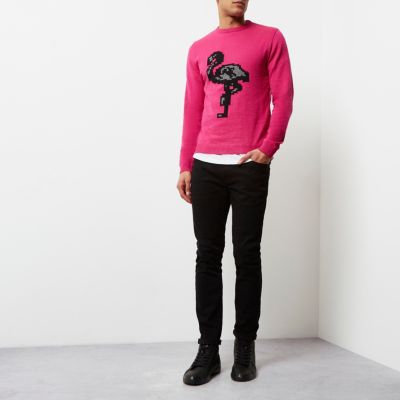 Bright pink flamingo print jumper